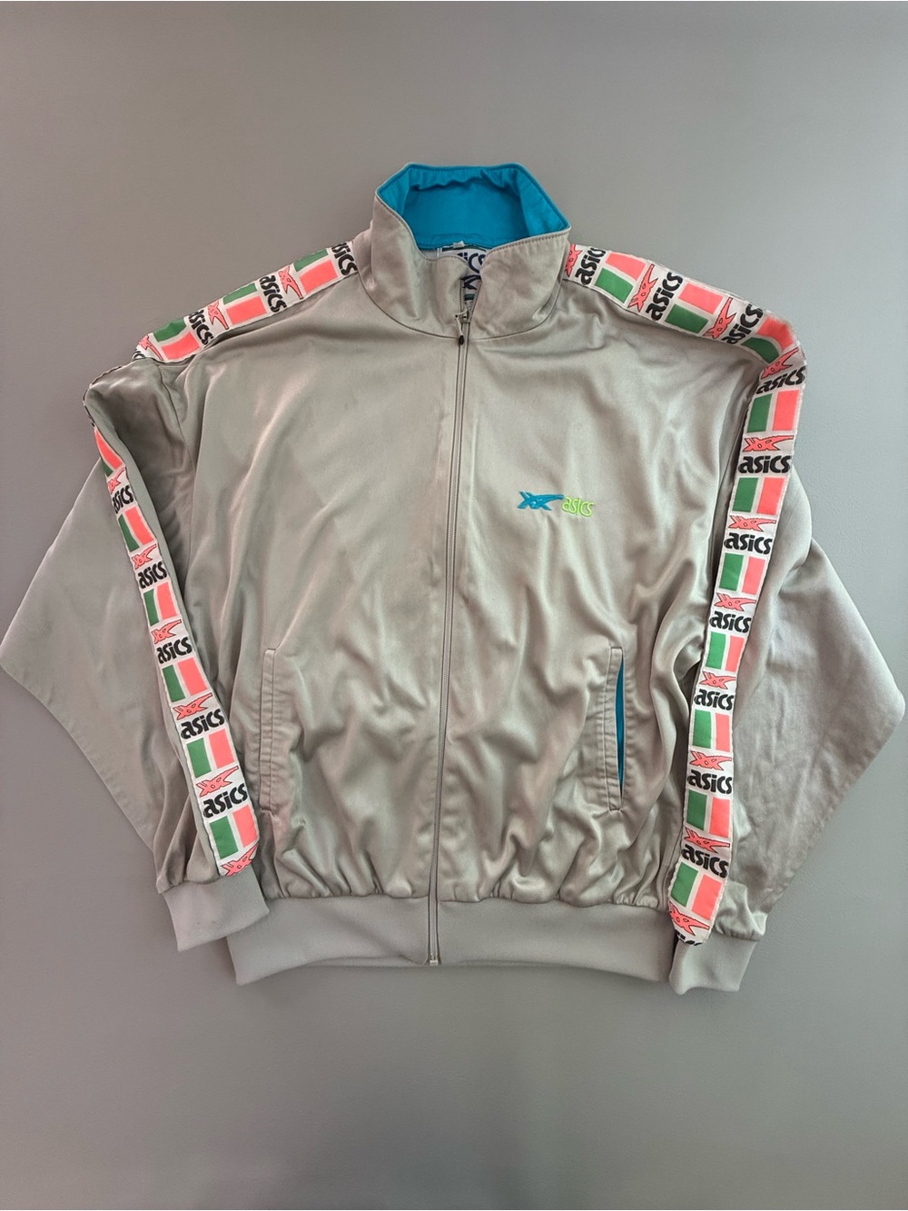 Vintage ASICS Silver Tape Logo Bomber Track Jacket Italy 52 Men's Medium Large